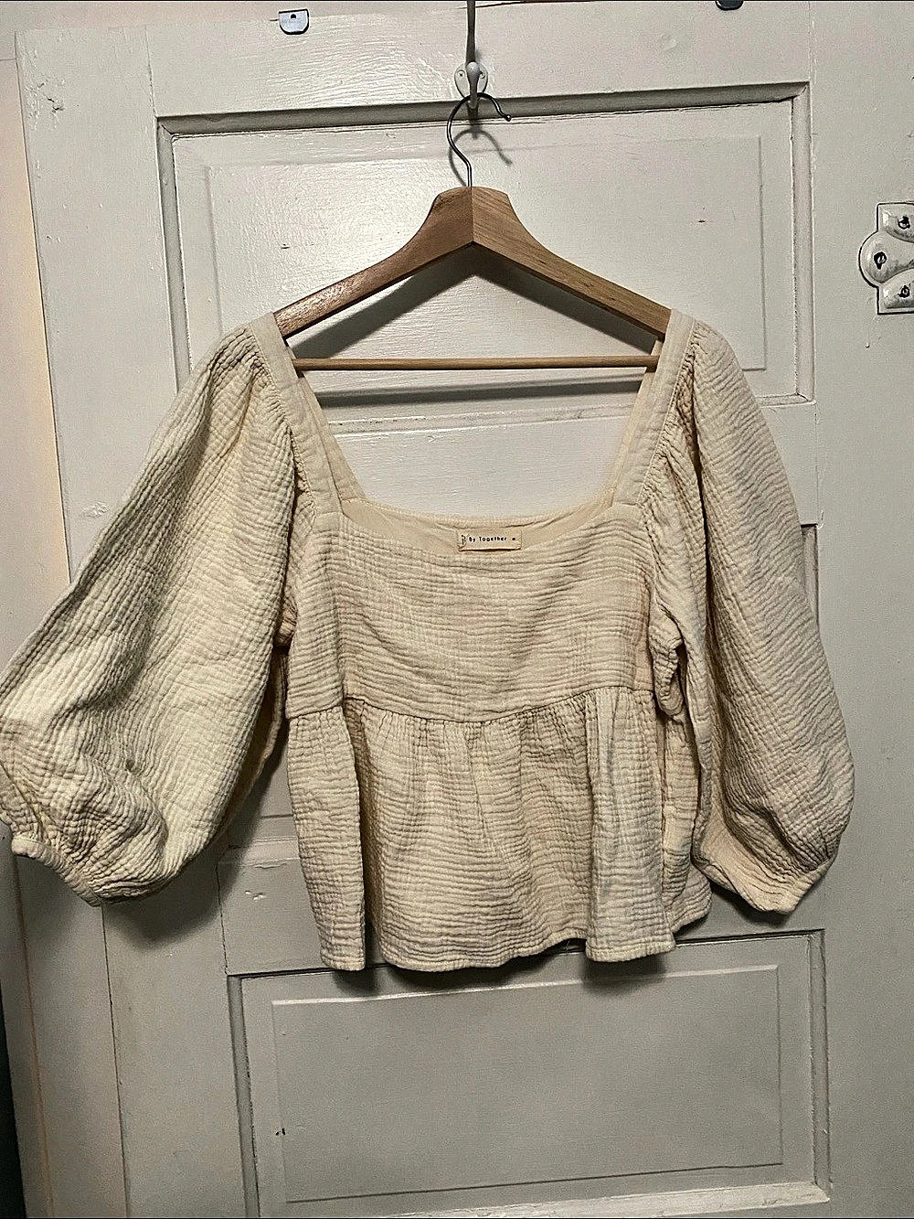 By Together Cotton Textured Blouse in Cream, Size Medium